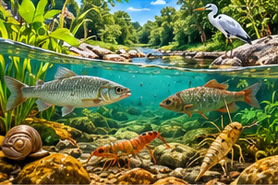 Vista dentro de um rio com peixes, plantas aquáticas, caramujo, camarão e larva no fundo, e uma garça na margem