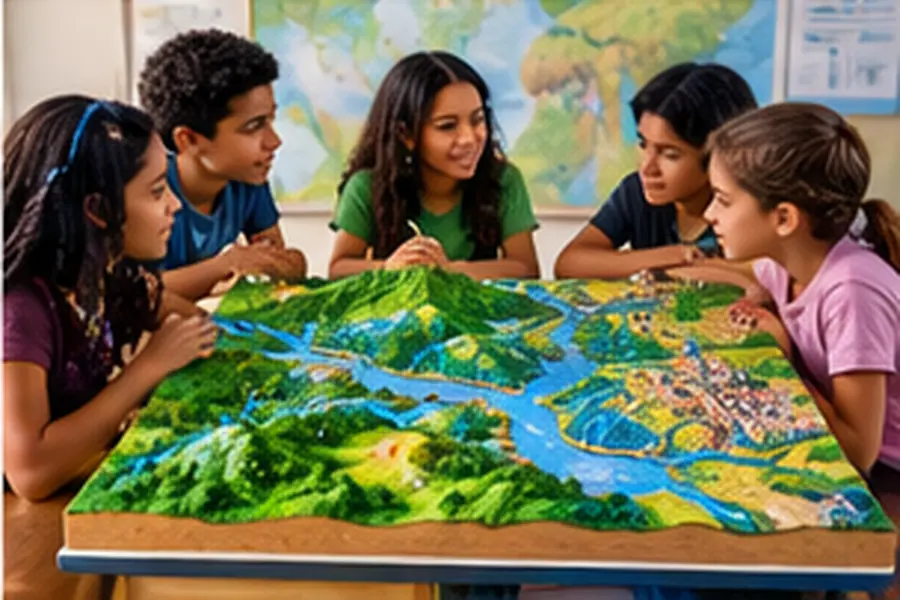 Cinco alunos em volta de uma maquete de bacia hidrográfica com rio, morros e cidade.