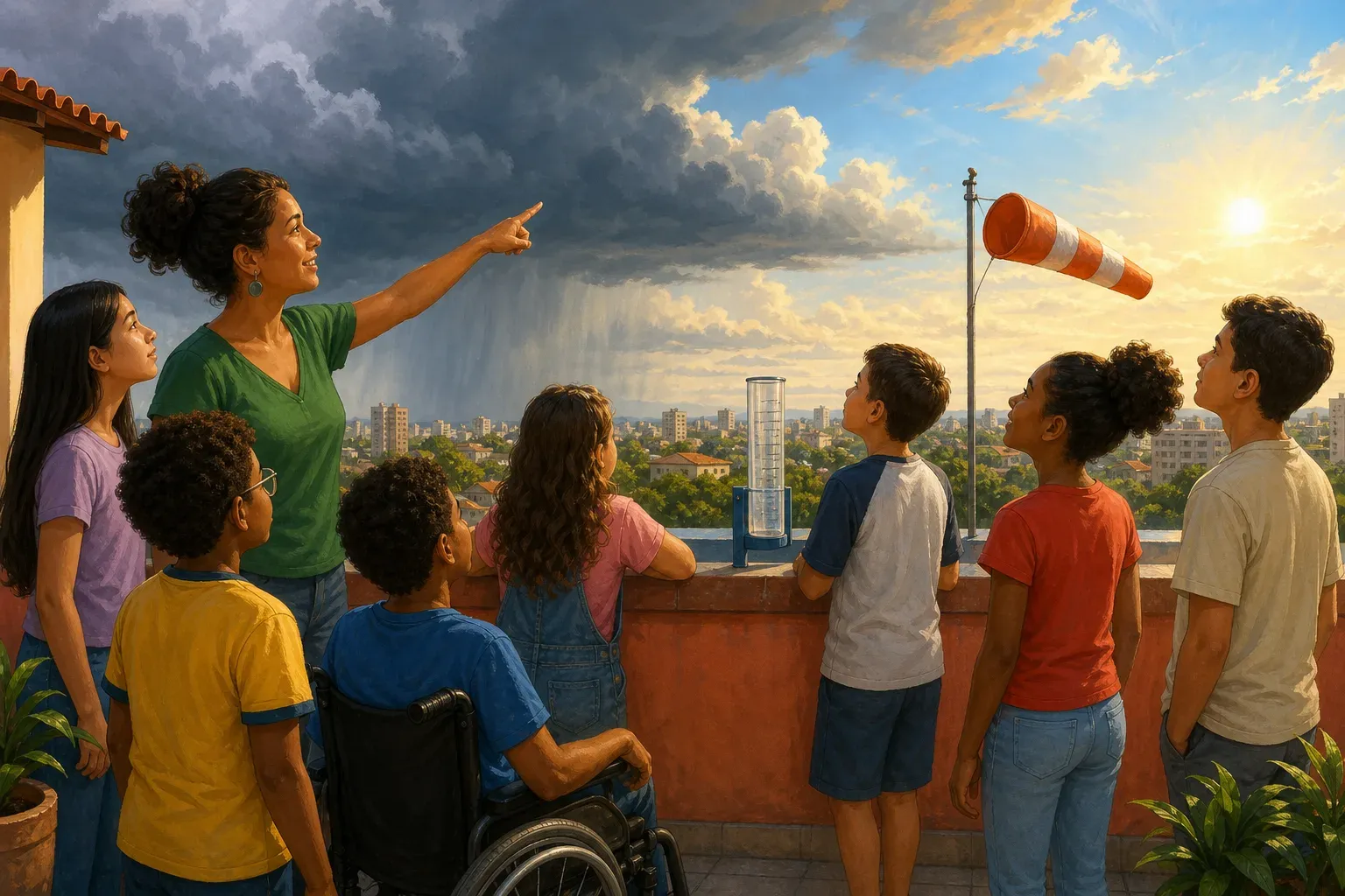 Professora e turma observam o céu no terraço da escola