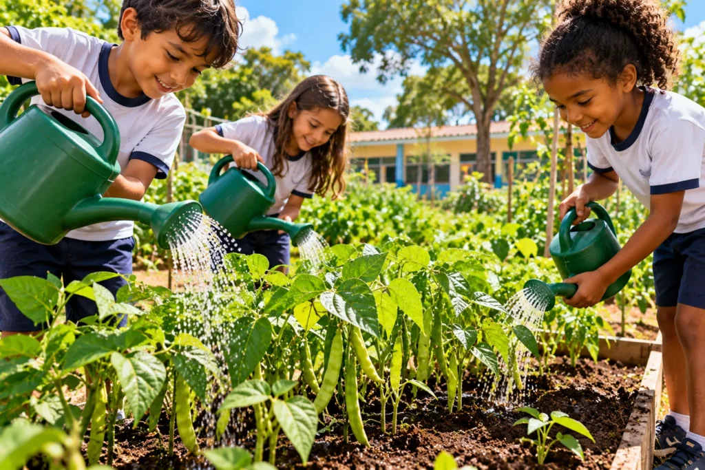 Três crianças de uniforme regam pés de feijão com regadores verdes numa horta da escola, num dia de sol