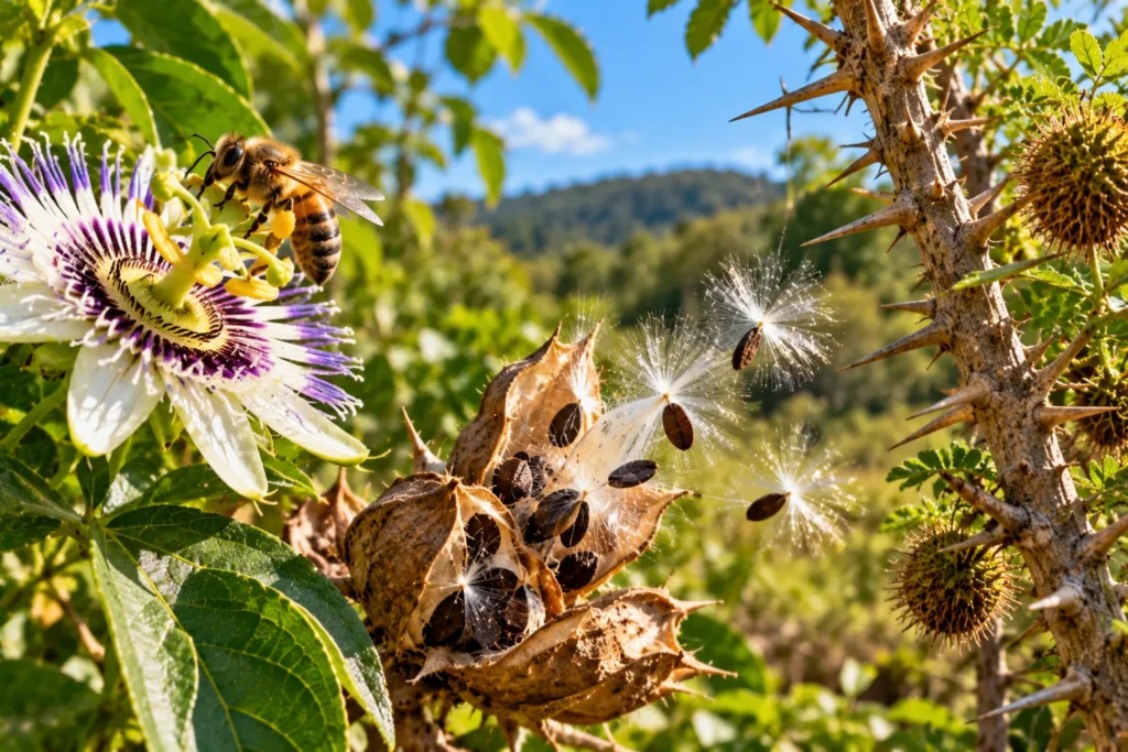 Abelha numa flor de maracujá, um fruto seco aberto soltando sementes com plumas ao vento e um galho cheio de espinhos