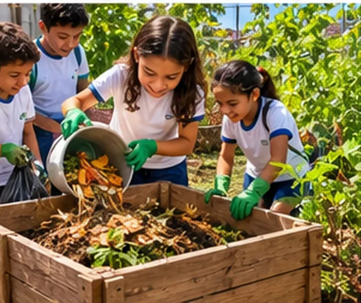 Alunos de luvas colocam cascas e folhas numa composteira de madeira na horta da escola