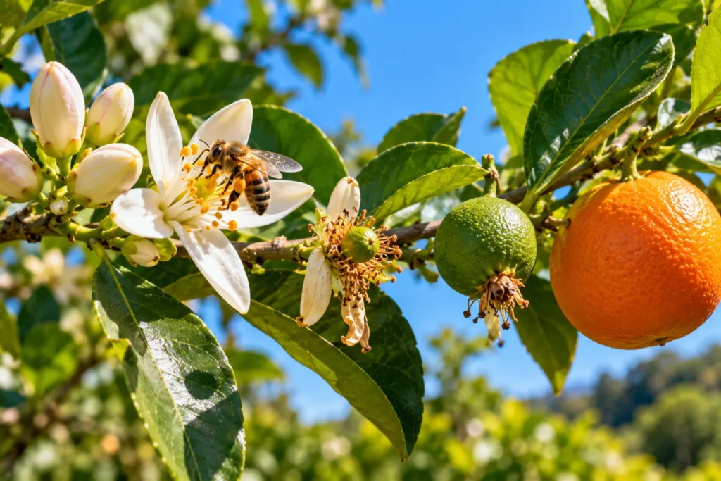 Galho de laranjeira com uma abelha numa flor branca, uma flor murcha virando fruto, uma laranja verde e uma laranja madura
