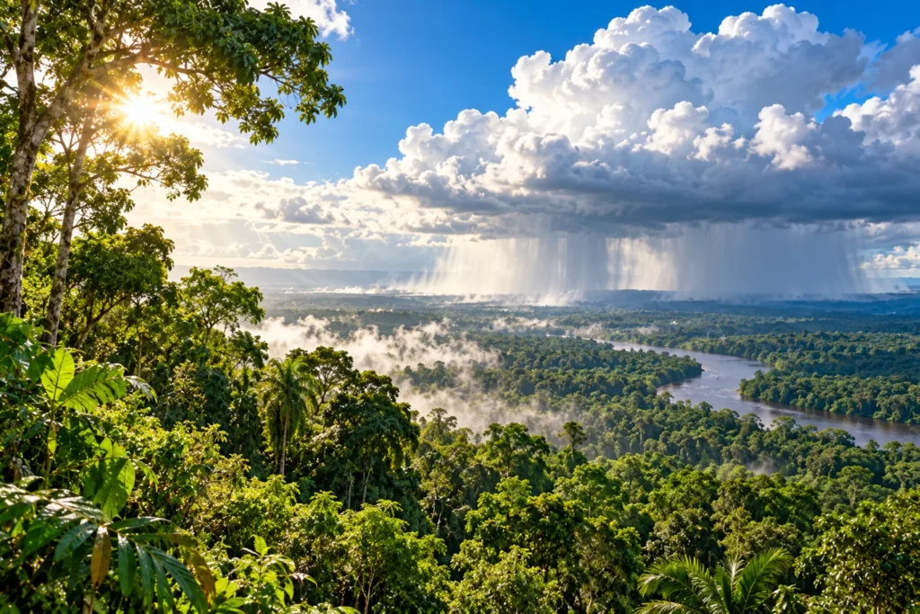 Floresta amazônica vista do alto, com névoa subindo das árvores, um rio e uma nuvem de chuva caindo ao longe