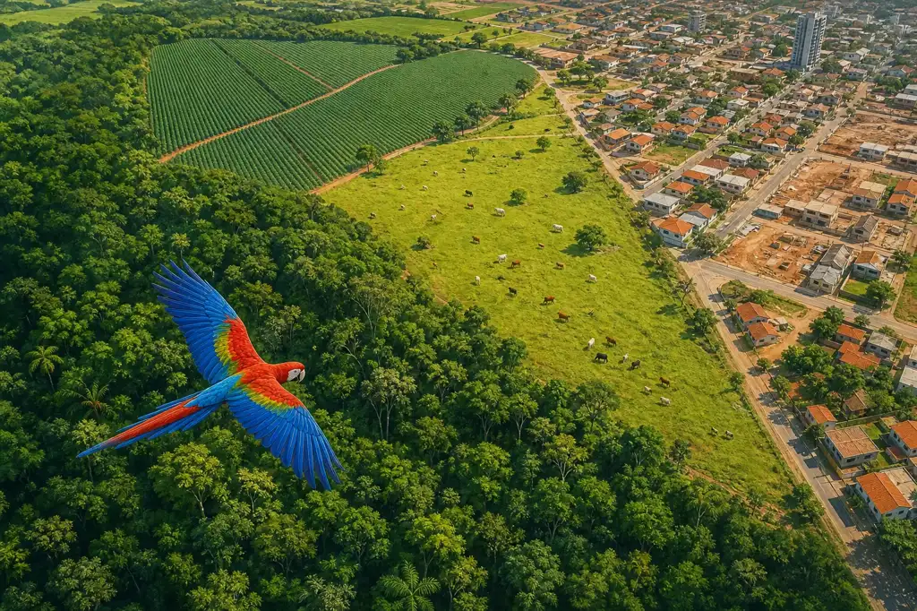 Vista do alto de uma mata que termina em pasto, plantação e cidade, com uma arara-vermelha voando sobre as árvores
