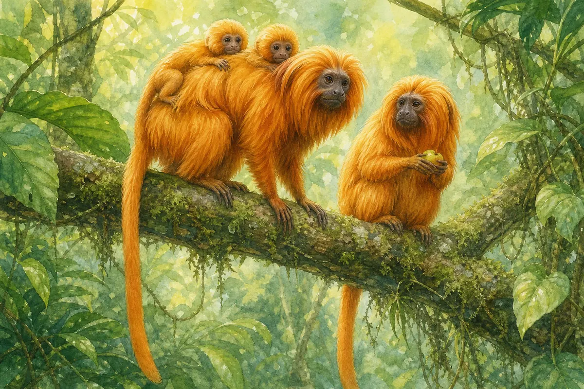 Ilustração de uma família de micos-leões-dourados num galho