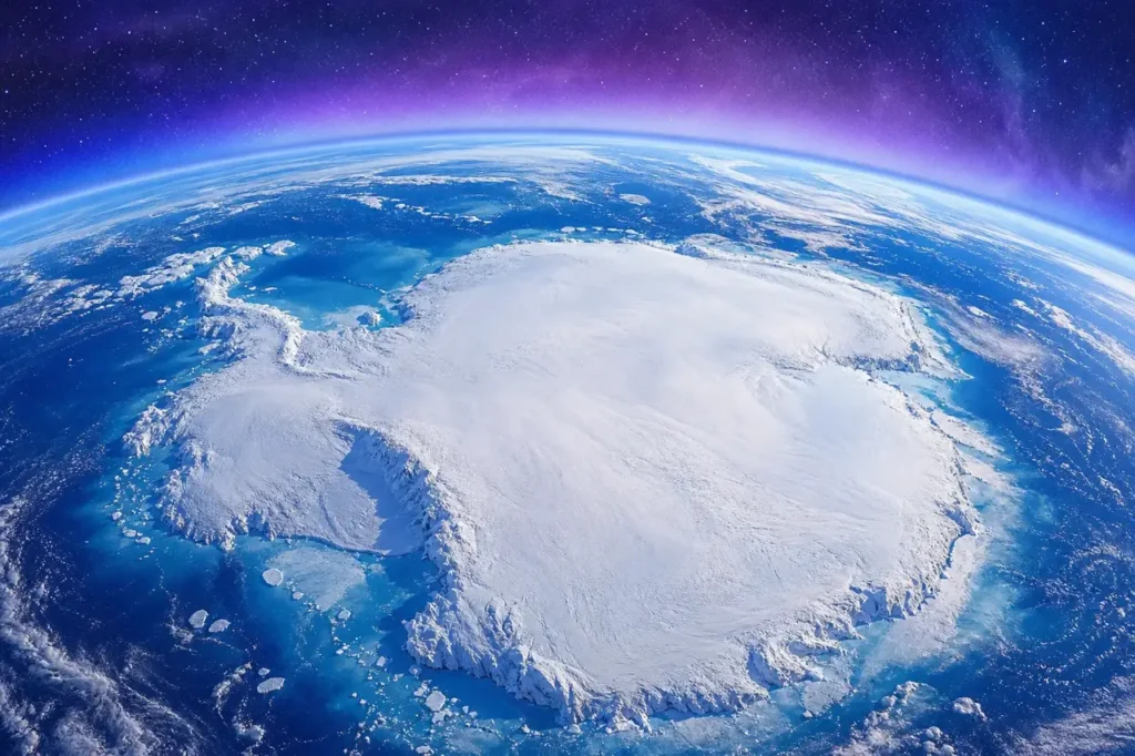 Antártida coberta de gelo vista do espaço, com a atmosfera em tons de azul e violeta ao redor do planeta