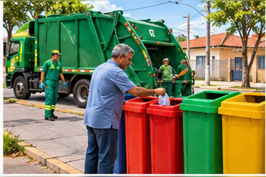 Morador coloca uma garrafa plástica no contêiner vermelho de um ponto de coleta seletiva, com um caminhão verde de coleta na rua