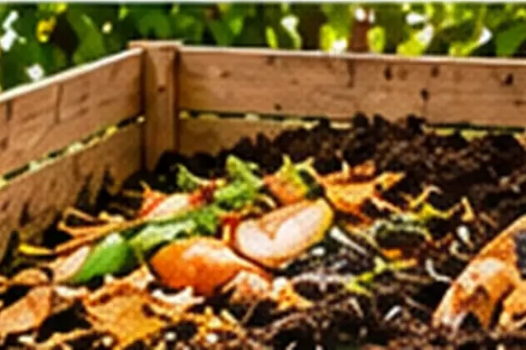 Composteira de madeira cheia de restos de frutas, verduras e folhas se misturando à terra