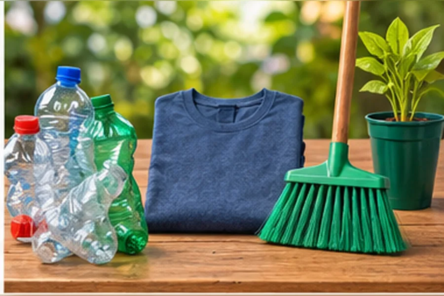 Garrafas plásticas amassadas sobre uma mesa ao lado de uma camiseta, uma vassoura e um vaso feitos de plástico reciclado