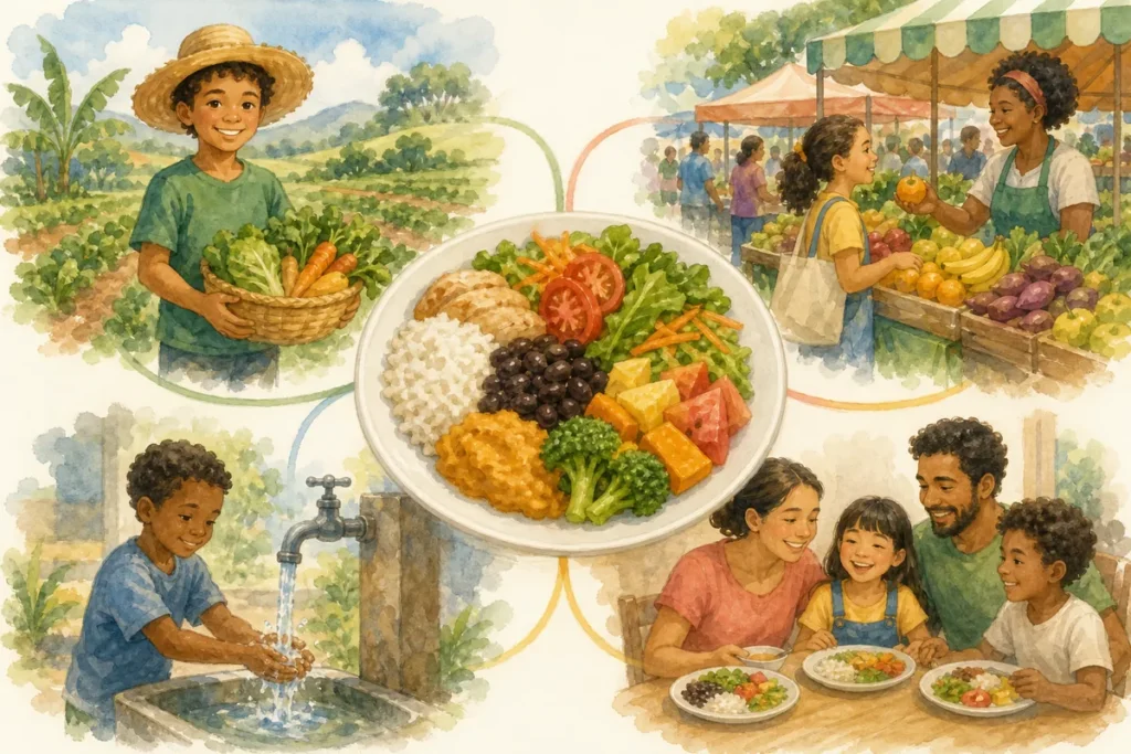 O que é segurança alimentar e nutricional: prato de comida ligado ao agricultor, à feira, à água e à família