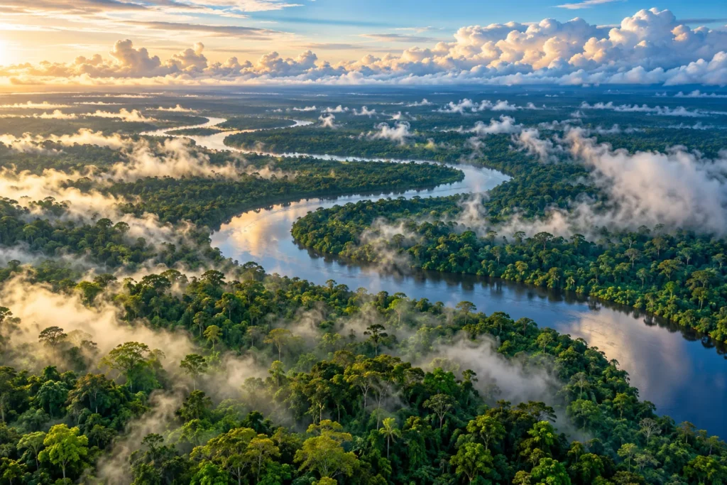 Vista aérea da floresta amazônica cortada por um rio sinuoso, com névoa subindo das árvores e nuvens no céu