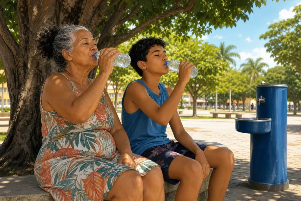 Avó e neto sentados à sombra de uma árvore numa praça bebem água, ao lado de um bebedouro, num dia quente