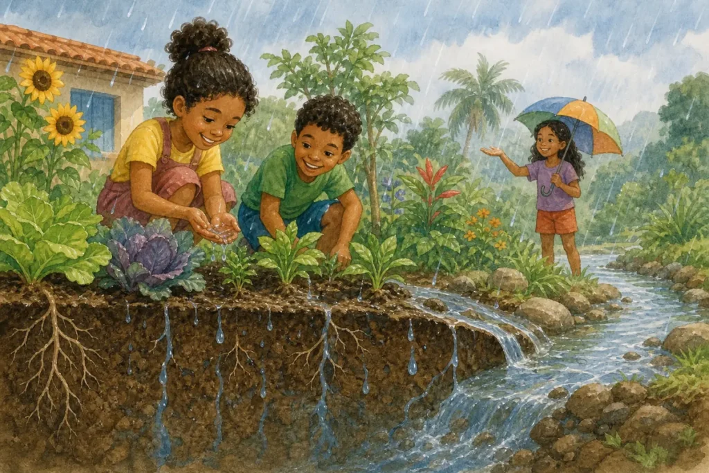 Para onde vai a água da chuva que cai no chão: água entrando no solo e escorrendo até um córrego