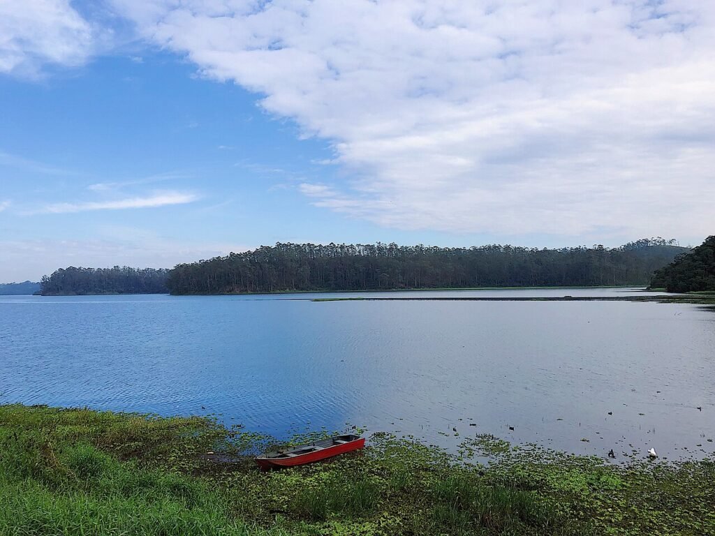 Represa Billings com margem de mata e um barco vermelho na beira, no Parque Estadual Águas da Billings, em São Bernardo do Campo (SP)