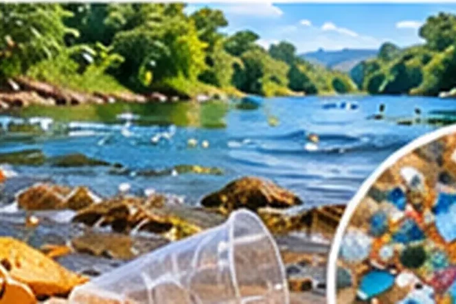 Copo plástico parado entre as pedras de um rio, com um detalhe ampliado de pedacinhos coloridos de plástico