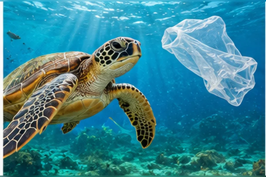 Tartaruga marinha nadando no mar azul perto de um saco plástico transparente