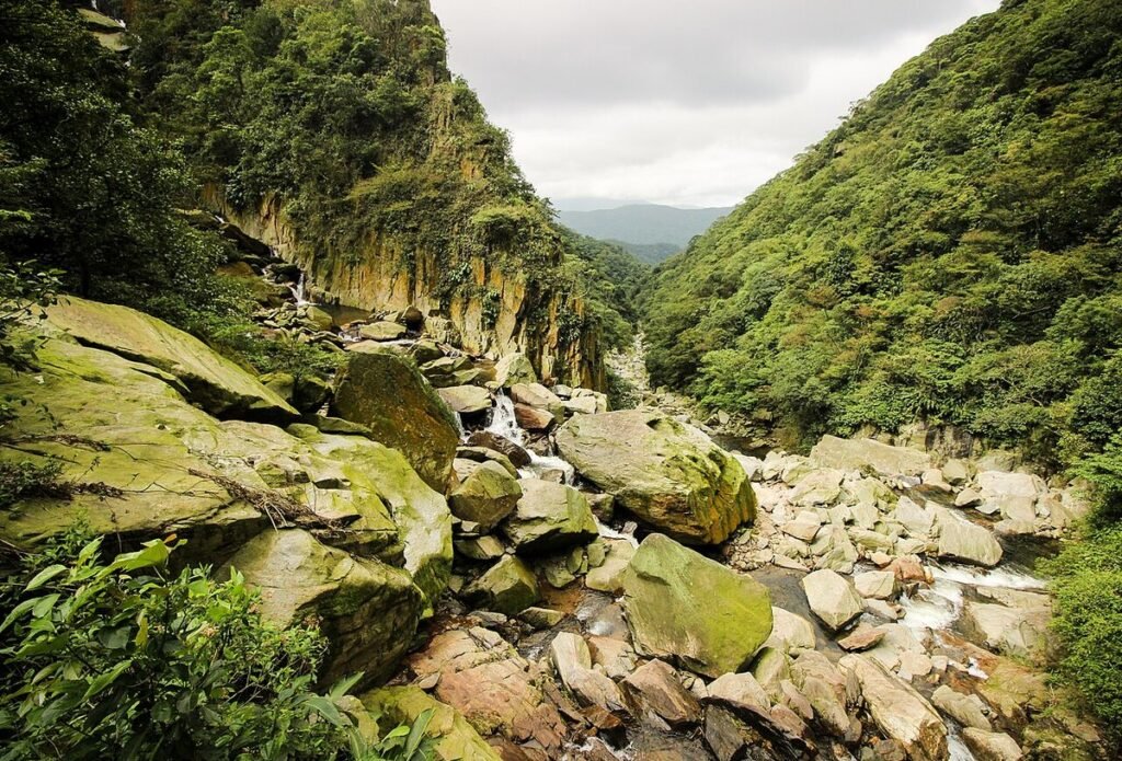 Vale coberto de mata com um rio entre grandes pedras, no Parque Natural Municipal Nascentes de Paranapiacaba