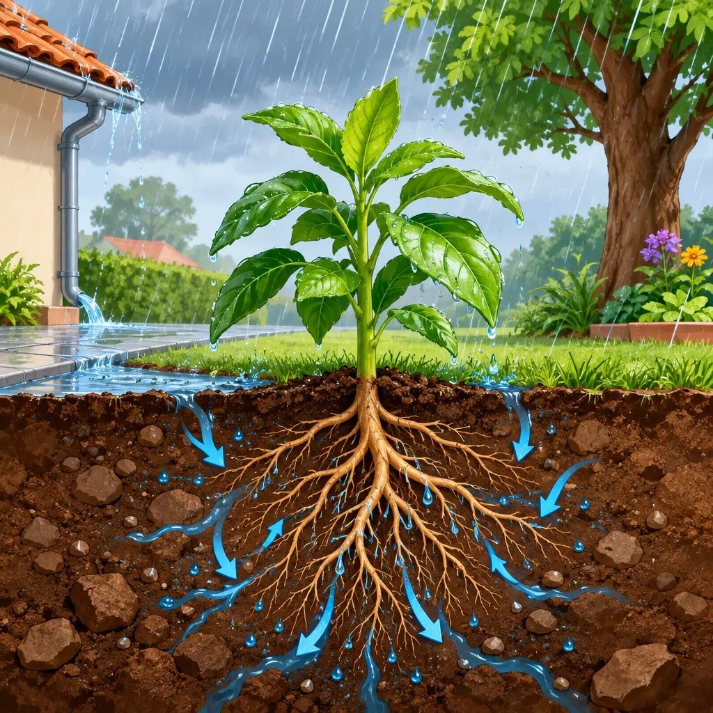 Planta sob a chuva com as raízes visíveis na terra, recebendo a água que entra no solo