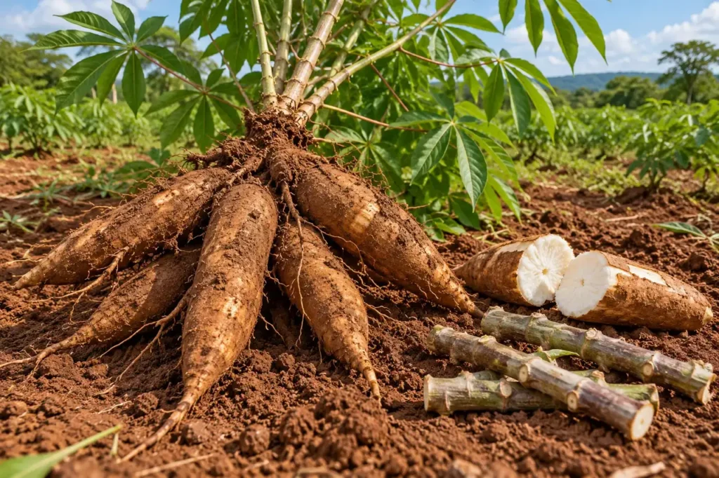 Pé de mandioca arrancado da terra, com raízes grossas e marrons, uma raiz partida branca por dentro e pedaços de caule