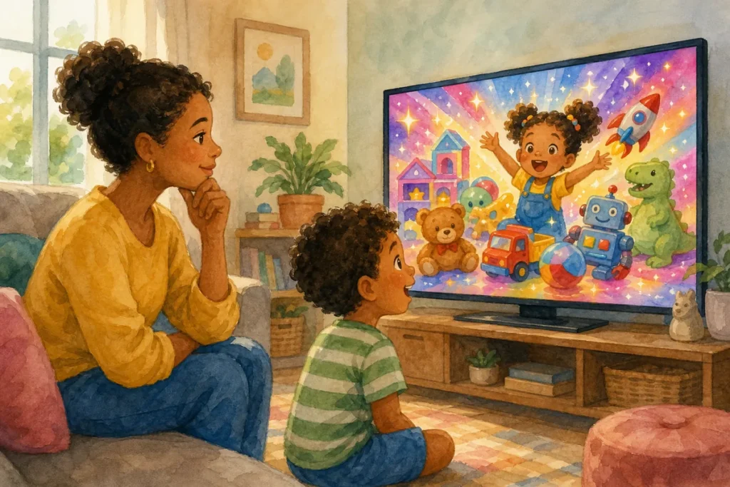 Por que a publicidade para crianças tem regras: criança vendo propaganda de brinquedos na televisão