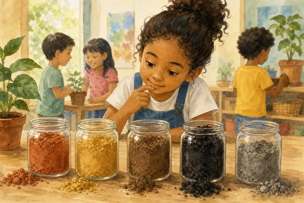 Por que a terra tem cores diferentes: potes com terra vermelha, amarela, marrom, preta e cinza