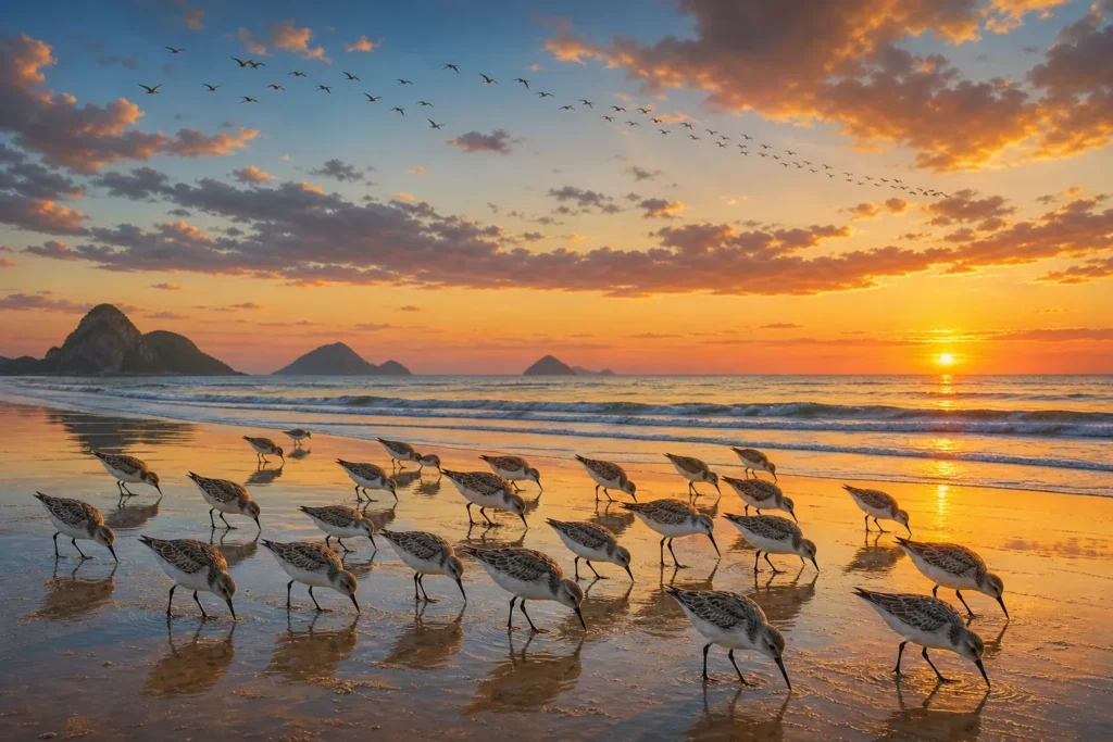 Bando de maçaricos procura comida na areia molhada ao entardecer, enquanto outro bando chega voando