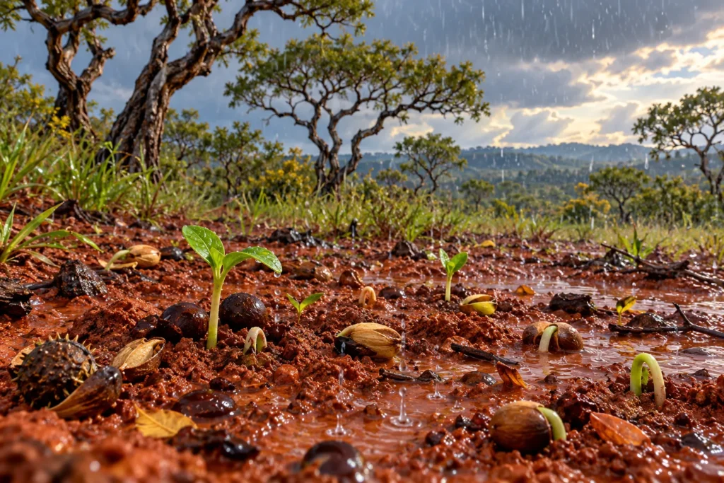 Chão vermelho do cerrado molhado pela chuva, com sementes caídas e brotos verdes nascendo, e árvores tortas ao fundo