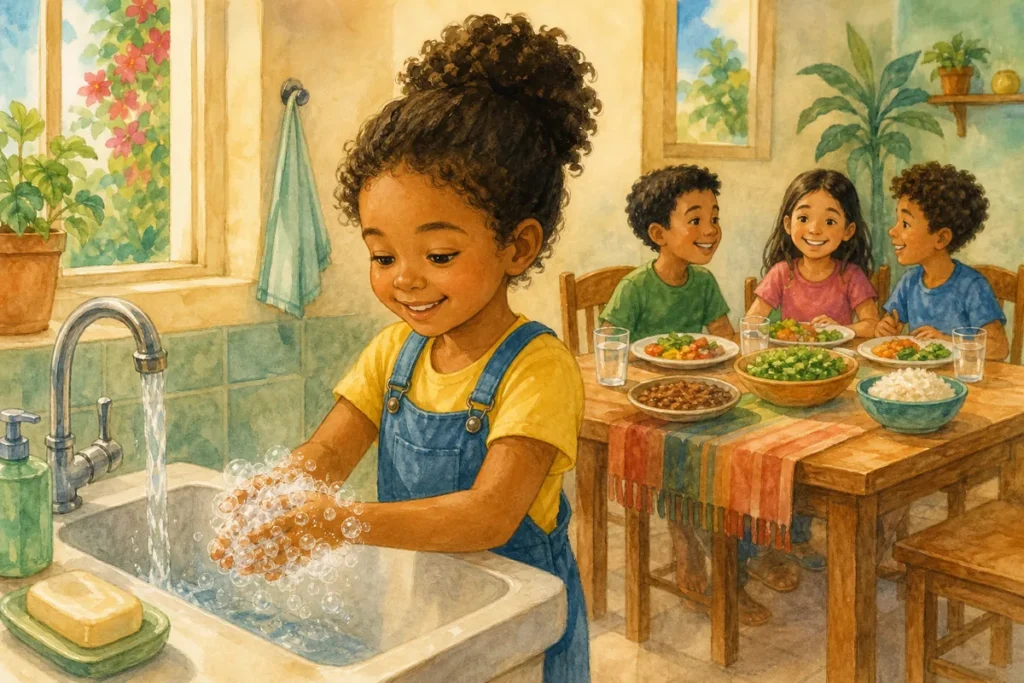 Por que lavar as mãos antes de comer: criança lavando as mãos com sabão na pia antes do almoço