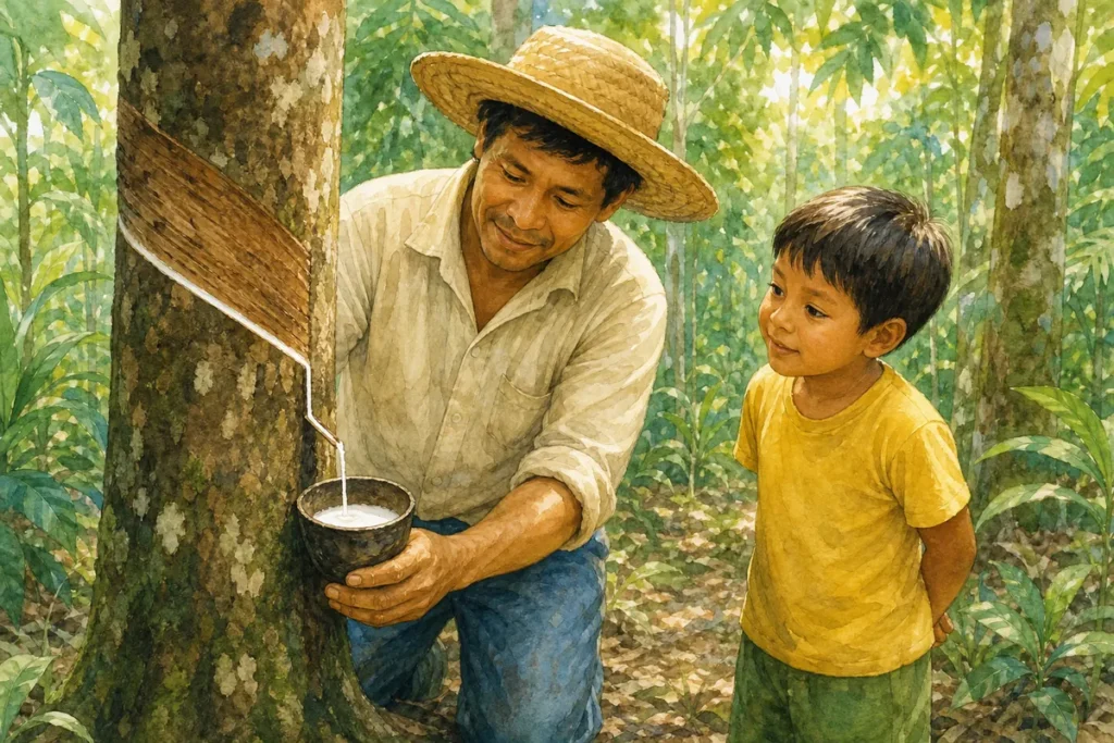Por que o Brasil compra borracha de outros países: seringueiro colhendo látex na Amazônia, com uma criança olhando