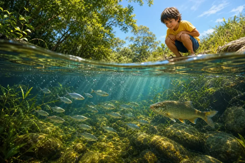 Menino agachado na margem olha um rio limpo onde nadam um cardume de lambaris e um peixe maior entre plantas e pedras