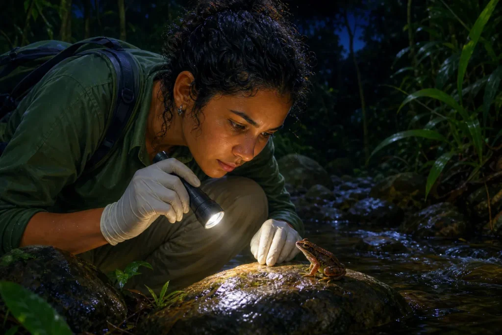Pesquisadora de luvas e lanterna observa à noite uma pequena rã numa pedra à beira de um riacho