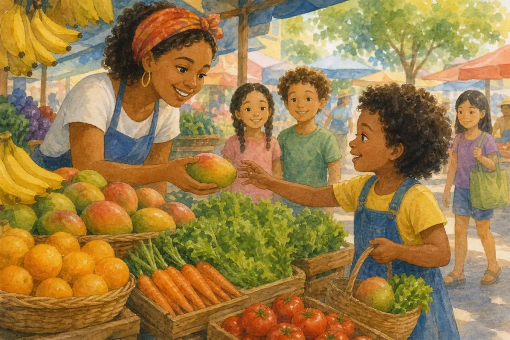 Por que precisamos comer frutas e verduras: criança escolhendo frutas e verduras numa banca da feira