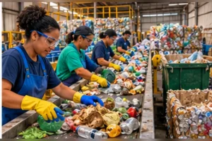 Trabalhadoras de luvas separam materiais numa esteira de triagem de uma cooperativa, com fardos e uma caçamba ao fundo