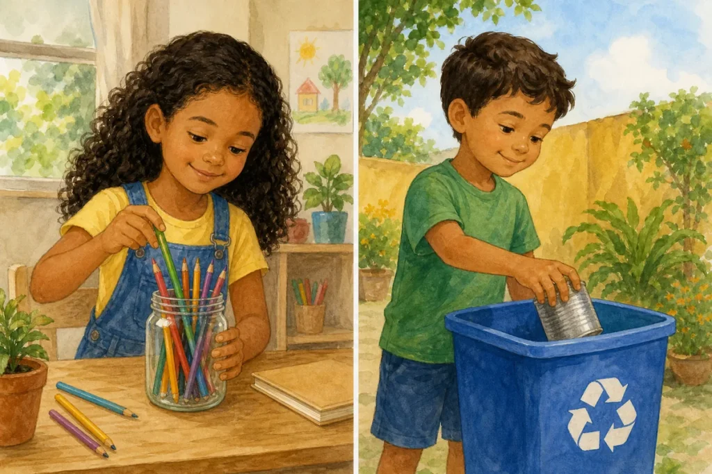 Qual é a diferença entre reutilizar e reciclar: pote virando porta-lápis e lata indo para a reciclagem