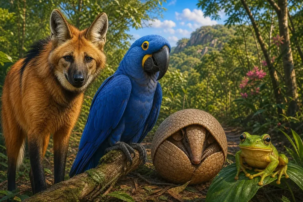 Lobo-guará, arara-azul, tatu-bola enrolado e uma perereca verde lado a lado na mata