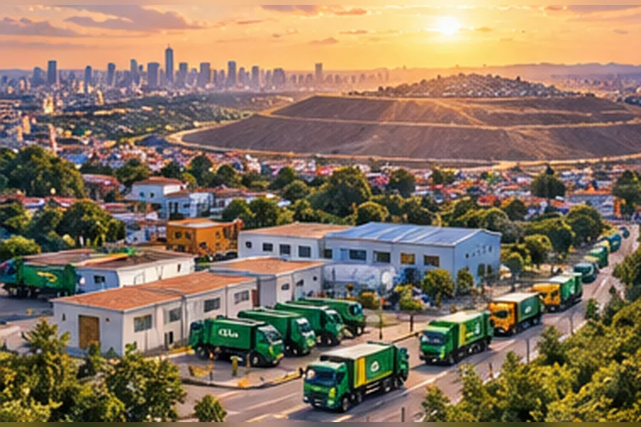 Fila de caminhões de coleta saindo de um pátio numa grande cidade ao entardecer, com um aterro sanitário enorme ao fundo