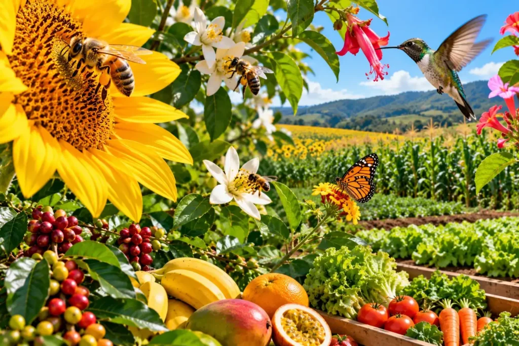 Abelhas, borboleta e beija-flor visitando flores sobre uma plantação, com café, frutas e verduras em primeiro plano