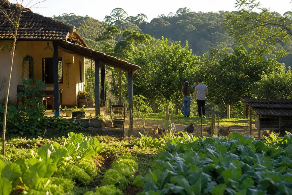 Sítio com casa de varanda, horta, galinheiro e pomar, visitantes de costas colhendo frutas: turismo rural