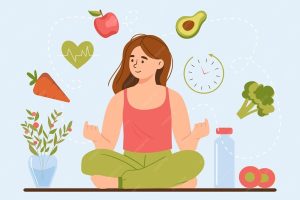 Pessoa praticando alimentação consciente com alimentos locais, orgânicos e sustentáveis.