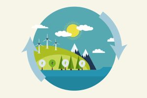 Planeta mostra o azul da água com setas de economia circular em volta