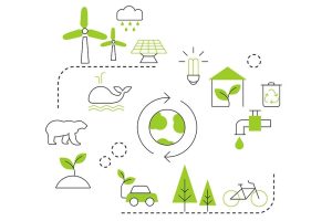Ilustração representativa da ecologia, vários ícones interligados: o globo terrestre, as energias renováveis, meios de transporte, animais e coleta de resíduos, representando a Ecologia.