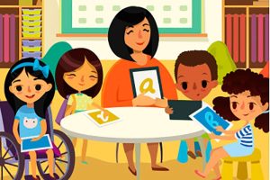 Desenho de uma educação acessível, uma professora sentada com seus em uma sala de aula, alguns alunos têm deficiência física e há diversidade de etnias.