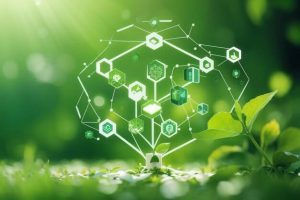 uma estrutura hexagonal no solo de uma floresta com vários ícones de preservação dos recursos naturais.