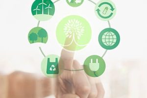 Representação de padrões de consumo sustentável e consciente com uma mão tocando um ícone digital de árvore, rodeado por símbolos verdes de energia renovável, reciclagem, preservação ambiental e consumo consciente.
